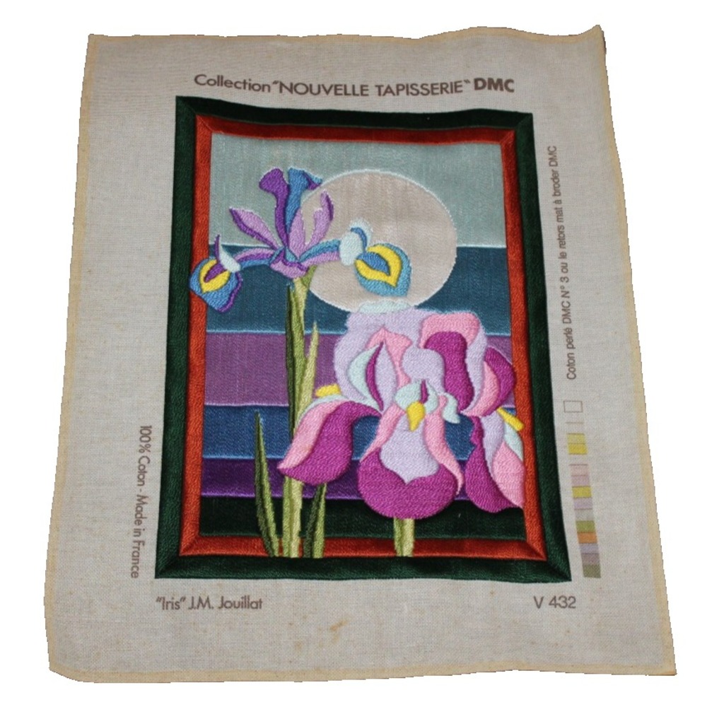 VTG completed DMC Nouvelle Tapisserie needlework "Iris" Jouilat V432 (18"x13")
